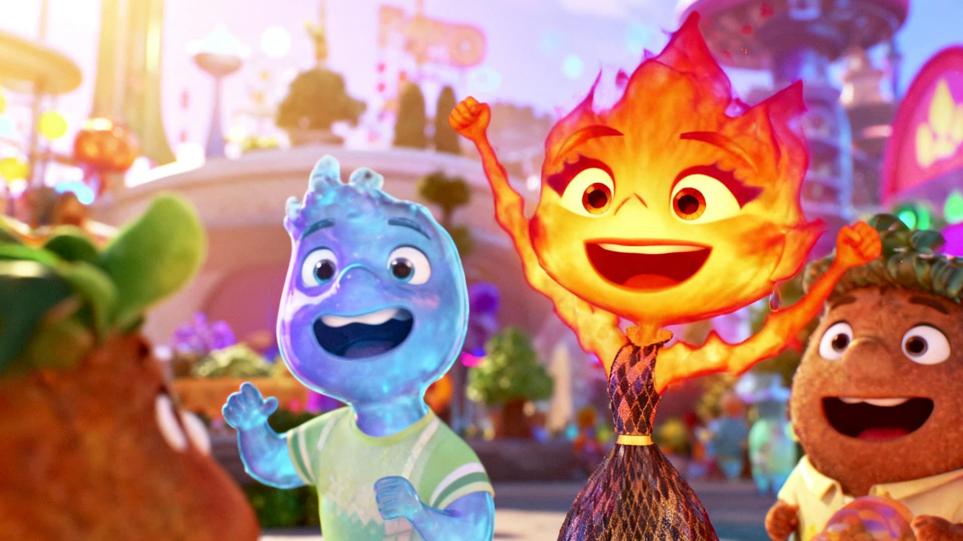 AI generated video: An animated cartoon character jumping joyfully in a colorful park setting