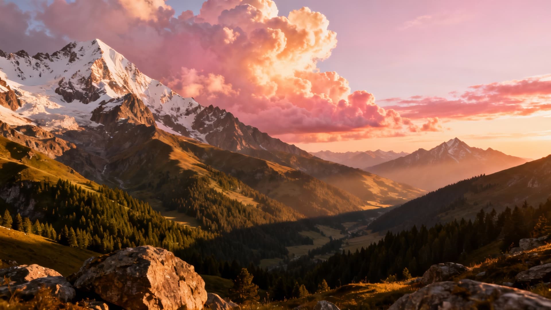 AI generated video: A cinematic drone shot flying over a misty mountain range at sunrise, golden hour lighting