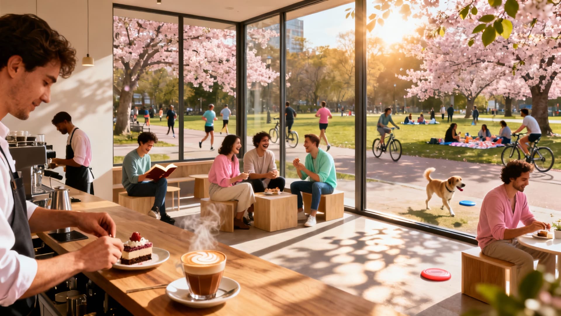 AI generated video: A busy coffee shop interior with people working on laptops, warm ambient lighting