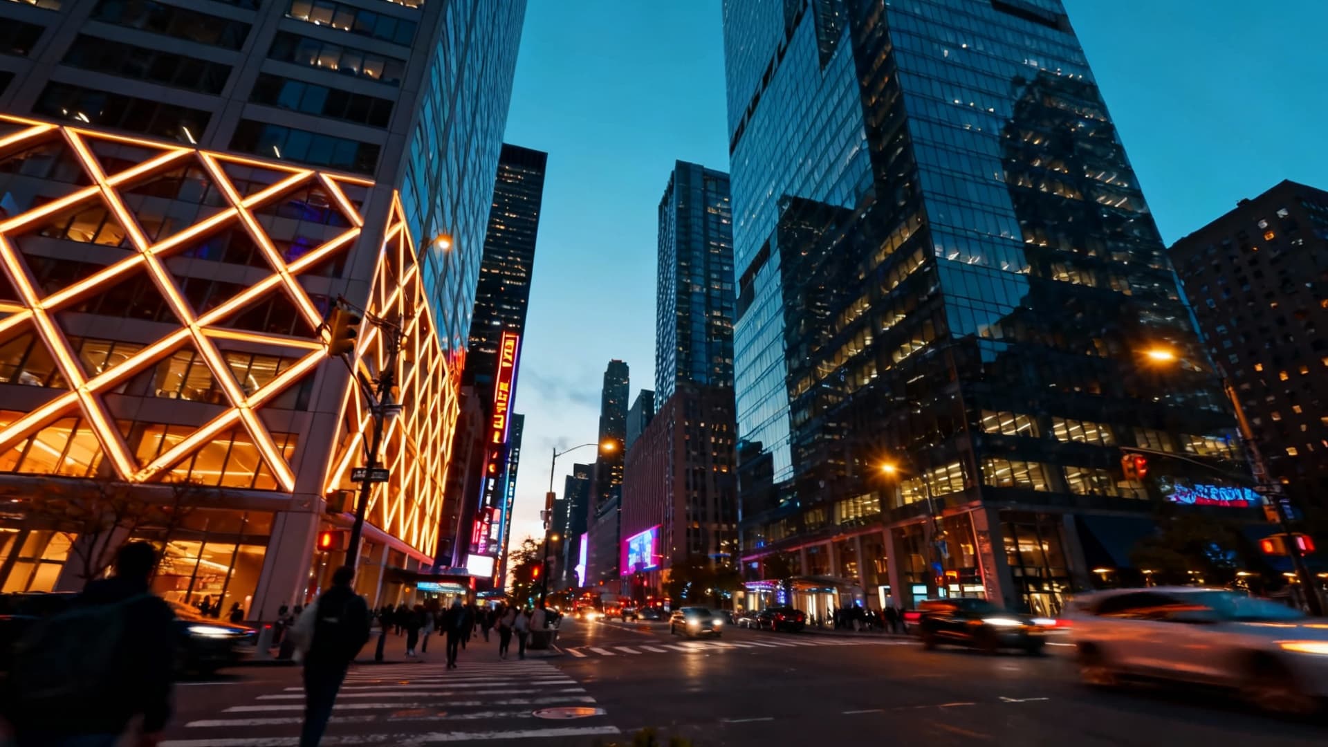 AI generated video: A futuristic city street at night with neon signs reflecting on wet pavement